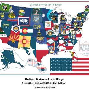 Updated with new Minnesota and Utah Flags! USA State Flags Map Cross-Stitch Pattern PDF Download | Counted Design Chart