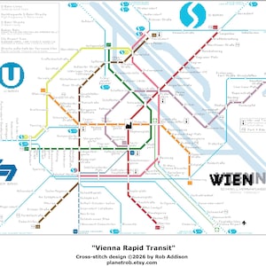 May include: A colorful cross-stitch design of the Vienna rapid transit map, featuring various colored lines representing different train routes. The map includes station names and symbols, with the word "WIENNA" prominently displayed. Text at the bottom reads "Vienna Rapid Transit".