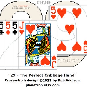May include: Cross-stitch pattern of a cribbage hand with five 5s and a Jack of Hearts. The pattern is titled "29 - The Perfect Cribbage Hand" and is credited to Rob Addison. The pattern is available on Etsy at planetrob.etsy.com.