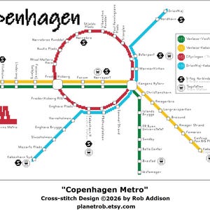 May include: A colorful cross-stitch pattern of the Copenhagen Metro map, featuring lines in red, yellow, green, and blue. The map includes station names and the text "Copenhagen Metro".