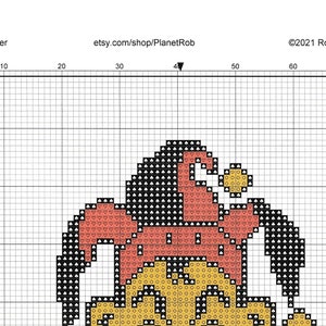 以下が含まれることがあります： カラーのジョーカーカードのクロスステッチパターン。赤と黄色の衣装、黒のアクセント、黒いブロックレターで「JOKER」という文字が特徴です。 Etsyショップ名と著作権情報も表示されています。