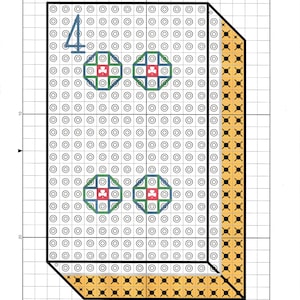May include: A cross-stitch pattern for a 4-dot design featuring a number "4" with two shamrock designs. The pattern is outlined in black and the shamrocks are green, red, and blue.