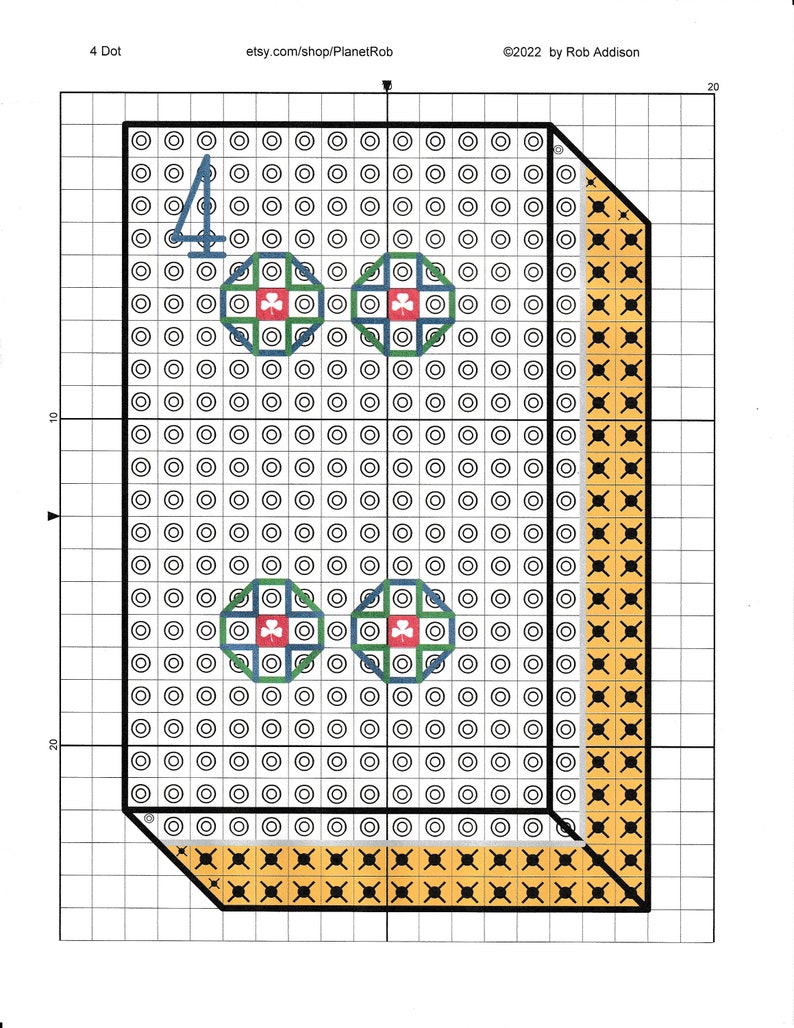 May include: A cross-stitch pattern for a 4-dot design featuring a number "4" with two shamrock designs. The pattern is outlined in black and the shamrocks are green, red, and blue.