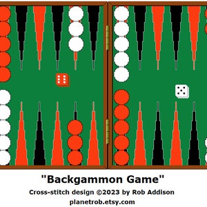 May include: A cross-stitch design of a backgammon game board with red and white game pieces. The board is closed and has a brown wooden frame. The text "Backgammon Game" is printed below the image.