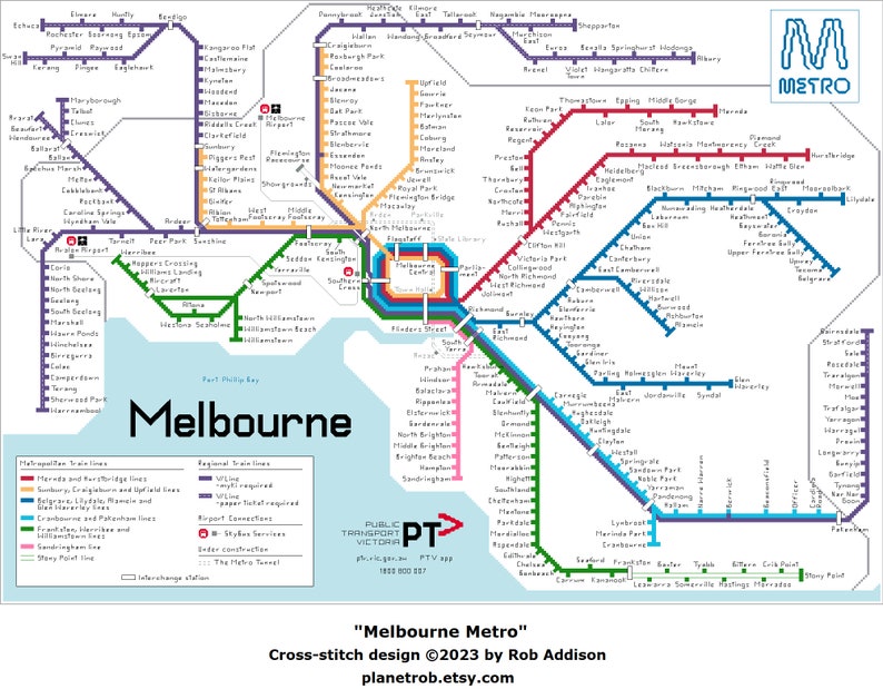 MELBOURNE Australia Metro Map Crossstitch Pattern PDF Download Pattern Keeper Compatible
