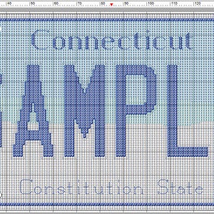 May include: A blue and white Connecticut license plate with the word "SAMPLE" in large blue letters. The plate also says "Constitution State" in smaller letters at the bottom.