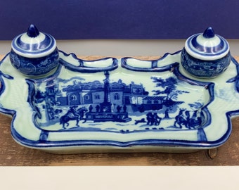 Antique Victoria Ware Delft Blue Ink Tray & Pots W/ Lids