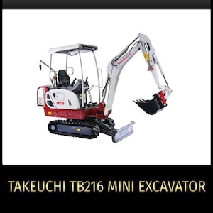 Puede incluir: Un mini-excavadora Takeuchi TB216 blanco y rojo con una cuchara negra. La excavadora tiene una cabina y orugas. El texto "WORKSHOP SERVICE REPAIR MANUAL" está en la parte superior de la imagen y "TAKEUCHI TB216 MINI EXCAVATOR" en la parte inferior.