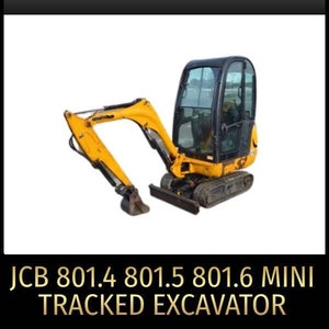 Può includere: Manuale di riparazione e assistenza per miniescavatore cingolato JCB 801.4 801.5 801.6. L'immagine mostra un miniescavatore giallo con una cabina nera.