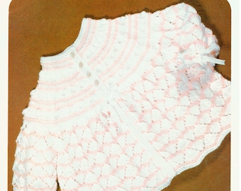 PDF Vintage bebé niña tejer patrón Hayfield 1790 Babykin Lacy Matinee abrigo yugo cochecito rosa y blanco rayas muñeca bebé