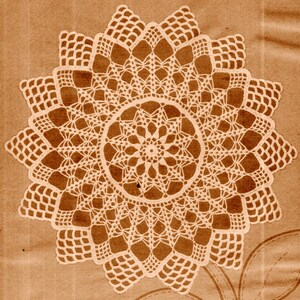 May include: A cream-colored, handmade crochet doily with a detailed, symmetrical floral design. The doily features a central circular pattern surrounded by multiple layers of intricate lacework, creating a starburst effect. The background is a textured, sepia-toned paper.