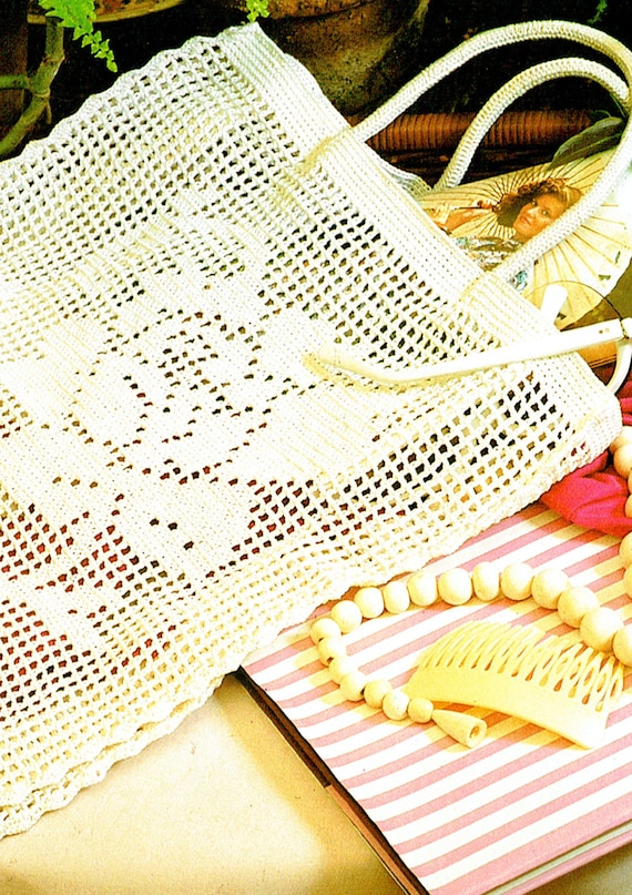 PDF Vintage 1970s Floral 'ROSE' Motif String Bag Filet Crochet Pattern, Tote, Shopper, Boho, Festival, Rustic, Shabby Chic, Kitsch, Romantic