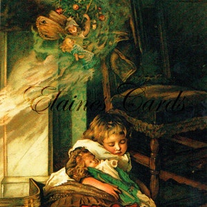 Cartão de saudações de cena de criança dormindo de Natal de arte digital, para colagem, álbum de recortes, cartões de Natal, decoração vintage, coisas efêmeras