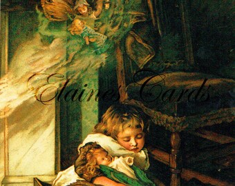 Digital Art CHRISTMAS Sleeping Child Scene Greetings Card,  for Collage, Scrapbooking, Christmas Cards, Vintage Decorating, Ephemera