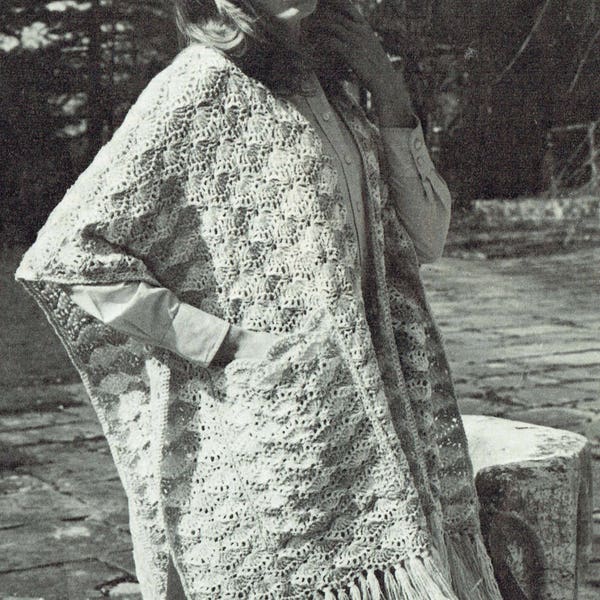 PDF Vintage 1960s Ladies Fringed Stole Crochet Pattern, with Handy Pockets Shawl Fringing Shell Sweetheart Elegant Poncho Mod Retro