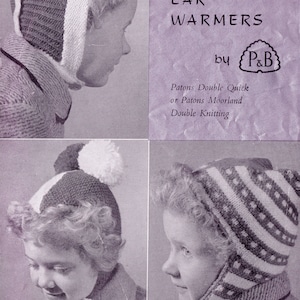 Könnte beinhalten: Ein Vintage-Strickmusterheft für drei Ohrenwärmer. Das Cover zeigt ein Schwarzweißfoto von drei Kindern, die die Ohrenwärmer tragen. Das Muster ist von Patons Double Quick oder Patons Moorland Double Knitting.