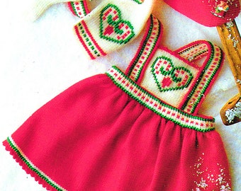 PDF Baby Girl HEART Dress Set Knitting Pattern, Motif Pinafore Germanic, Fairytale Princess, Folk, Motif, Swiss, Rustic, Cottage Chic, Doll