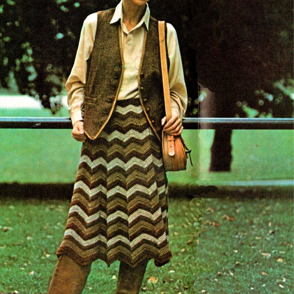 PDF Vintage 1970s Ladies Womens Dress Skirt Crochet Pattern Chevron Zig Zag GROOVY Hippy Rustic, Kitsch Mini Midi Maxi Festival