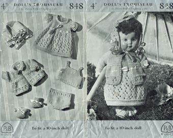 PDF Vintage Doll Clothes Knitting Pattern P & B Patons and Baldwin 848 Rose Bud Baby Doll War Time 1940s RARE Trousseau Wardrobe Dress