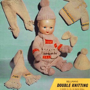 May include: A vintage doll wearing a knitted outfit, including a hat, scarf, sweater, pants, and mittens. The outfit is beige with red and yellow accents. The image also shows a knitted bow and a second hat. The text "BELLMANS DOUBLE KNITTING" is visible.