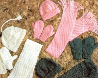 PDF Vintage 1980s Knitting Pattern Hats Mitts & Scarf Sets Ladies Girls Kids Children Folk Aran Classic Tassel Pretty Chunky  Easy make