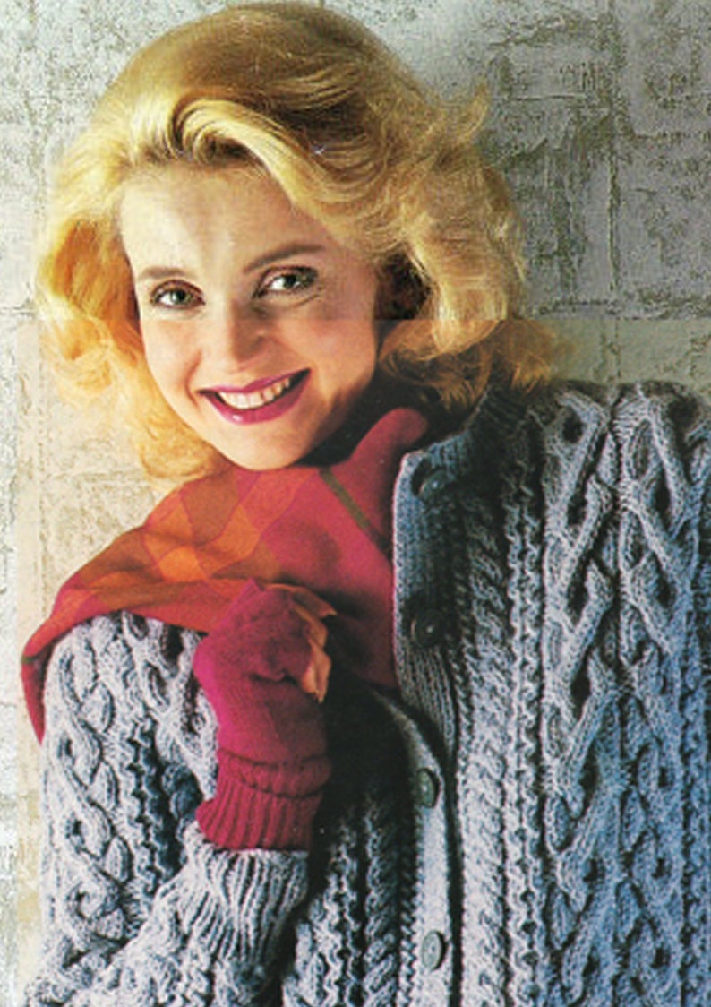 PDF Vintage Pretty Womens Ladies BLUE Knitting Pattern ARAN Jacket Cardigan 1980s Robin Interlocking Cables Winter Snuggly Classic Retro