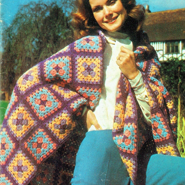 PDF Vintage 1970 Womens Ladies GRANNY SQUARE Afghan Crochet Pattern, Wrap Stole Poncho City-Chic, Retro, Groovy Boho Hippy