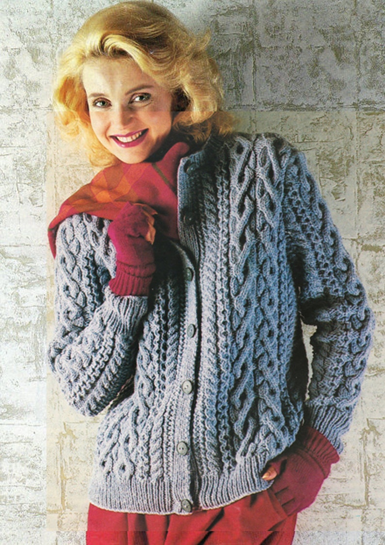 PDF Vintage Pretty Womens Ladies BLUE Knitting Pattern ARAN Jacket Cardigan 1980s Robin Interlocking Cables Winter Snuggly Classic Retro