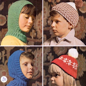May include: Four children wearing different knitted hats. The hats are green, brown and white, blue, and red with a white pom-pom.