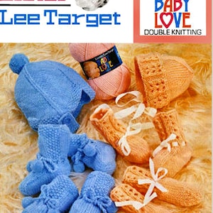 May include: A knitting pattern for baby booties, a hat, and a bonnet. The pattern is called "Baby Love" and is for double knitting. The pattern is from Lister Lee Target.