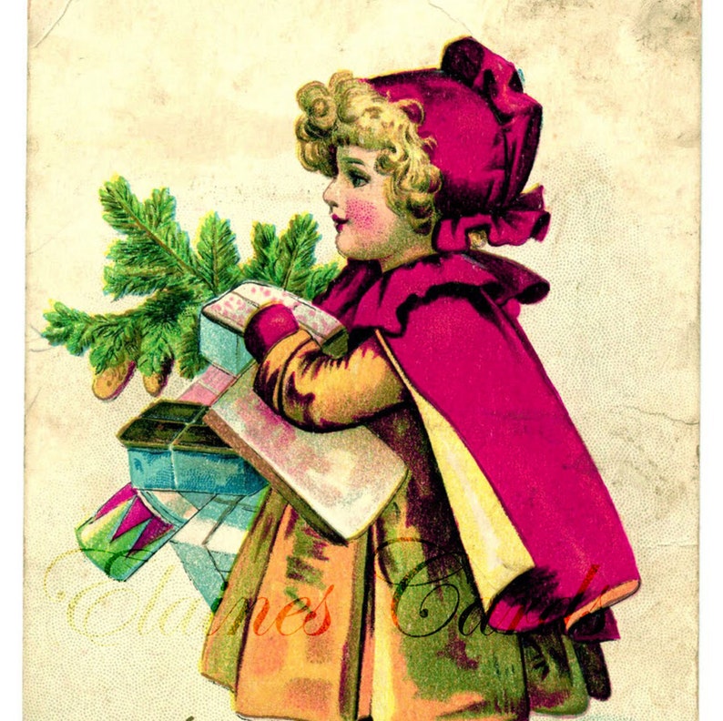 Vintage Decorating Digital Art CHRISTMAS Victorian Girl with Tree Greetings Card Scrapbooking Christmas Cards for Collage Ephemera