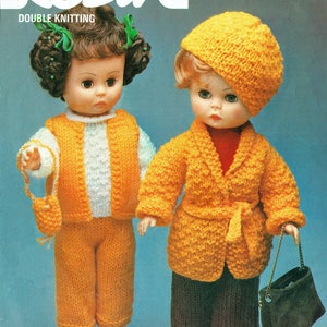 May include: Two dolls wearing knitted outfits. The doll on the left is wearing a white and yellow striped sweater, a yellow vest, and yellow pants. The doll on the right is wearing a yellow coat with a brown belt, a brown hat, and brown pants. Both dolls are holding purses.