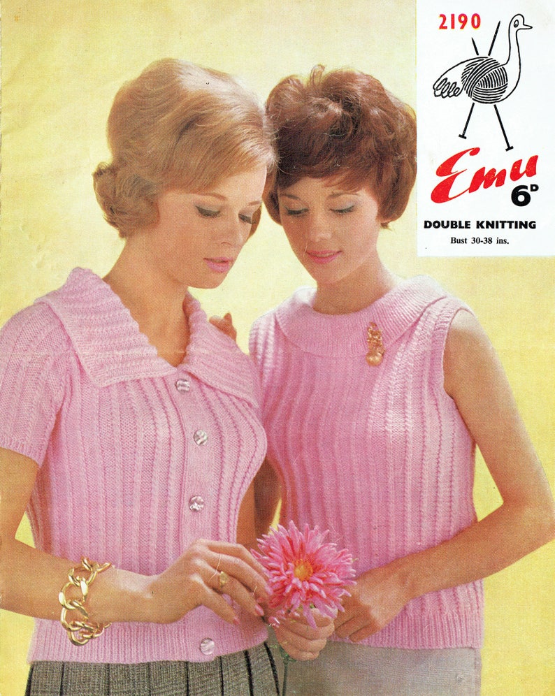 PDF 1960s Womens Ladies Knitting Pattern Twin Set Fitted Sweater Mod Grace Kelly Go Go 1950s style Sex Kitten Baby Doll Romantic Emu 2190 image 1