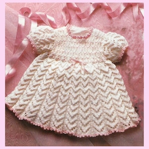 PDF Vintage Baby Girl Pretty Lace Angel Dress Knitting Pattern, Christening, Heirloom, Baby Doll, Capped Sleeves, Arrow Head Lace Yoke