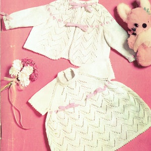 PDF Vintage Baby Girl Pretty Angel Dress Matinee Knitting Pattern Patons 6026 Yoke Lacy Christening Heirloom Doll Victorian Ribbons & Bows