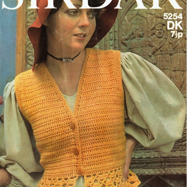 PDF Vintage 1970s Womens Ladies Crochet Pattern Waistcoat Peplum Sirdar 5254 Folk Medieval Lacy 1920s style Groovy Hippy Glamour