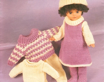 May include: Image of a doll wearing a knitted outfit, including a dress, hat, and leggings. Additional knitted clothing items are displayed, including a sweater and pants. The word "Copley" is visible in the upper left corner.