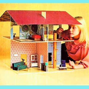 PDF Vintage 1970s DOLL'S HOUSE Patrón como Carolines Home... Casa de muñecas abierta Carpintería básica Dos pisos se pliega para un fácil almacenamiento