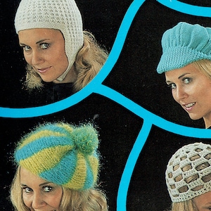 May include: Four different knitted hats in various colors and styles. The hats are white, blue, yellow and green, and white. The hats are all on a black background.