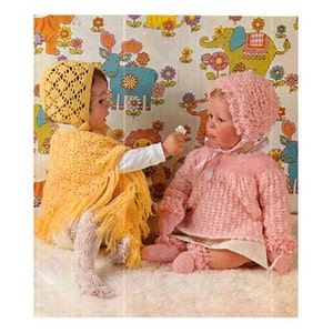 PDF Vintage Baby Strick & Häkelanleitung Mütze Poncho Kleid Engel Top Mütze Mitts and Bootees Loopy Stitch