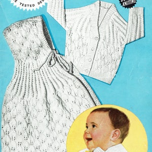 May include: A vintage knitting pattern for a baby's cape and jacket. The pattern is from Weldons Knitwear and is for size 3 to 9 months. The pattern is for double knitting and requires 12 ounces of yarn for the cape and 5 ounces for the jacket.