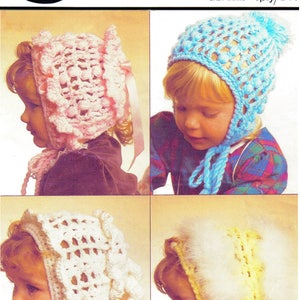 May include: Image of a pattern for crocheted baby bonnets in pink, blue, white, and yellow. The bonnets have various designs, including openwork and pom-poms. The image also includes the text "SIRDAR" and "Snuggly Baby Yarns 4ply/DK".