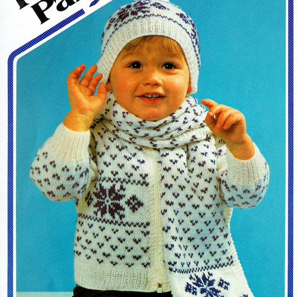 PDF Vintage Baby Snowflake Knitting Pattern Fair Isle Pram Set Bobble Hat Toddler Wendy p423 Peter Pan Classic Scandinavian Scarf Winter