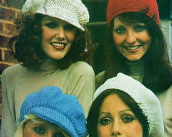 PDF Vintage 1970s Womens Ladies Hat Knitting & Crochet Pattern Baker Boy Beret Julien Skull Cap Wendy 1483 EASY Mod Sex Kitten Beatnick