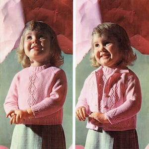 May include: A knitting pattern for a pink cardigan and skirt for a child. The pattern is from Patons Publications and is for a 2 year old with a 22 inch chest. The pattern number is 9297 and costs 9d.