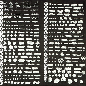 May include: A black and white chart with numbers 0-43 on the left side and 22-43 on the right side. Each number corresponds to a different piping design made with white frosting. The chart is a guide for piping frosting designs.