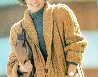 PDF Vintage Womens Rustic ARAN Shawl Collar Jacket Knitting Pattern Ladies Country Pockets Casual Boyfriend City