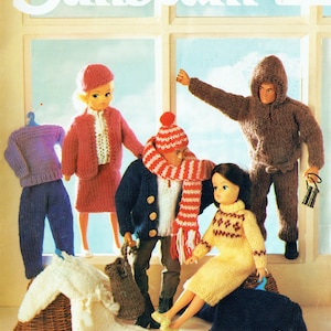 May include: Vintage knitting pattern cover featuring dolls dressed in knitted outfits. The dolls are wearing sweaters, coats, hats, and scarves in various colors. The text "Sunbeam" is at the top, with pattern details for dolls 11-12 inches tall.