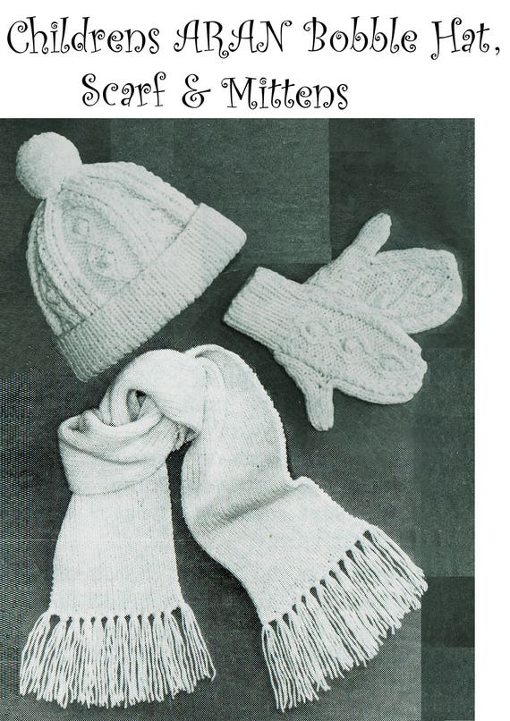 Pdf Vintage Childrens Aran Hat Scarf Mittens Knitting Pattern Gloves Mitts Girl Boy Kids Winter Set Accessory Retro Bobbles Traditional