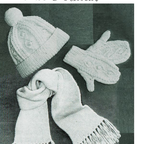 PDF Vintage Childrens ARAN Hat, Scarf & Mittens Knitting Pattern Gloves Mitts Girl Boy Kids Winter Set Accessory Retro Bobbles Traditional